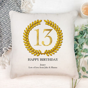 Personalised 13th Birthday Gift for Him Cushion Gold Wreath Design