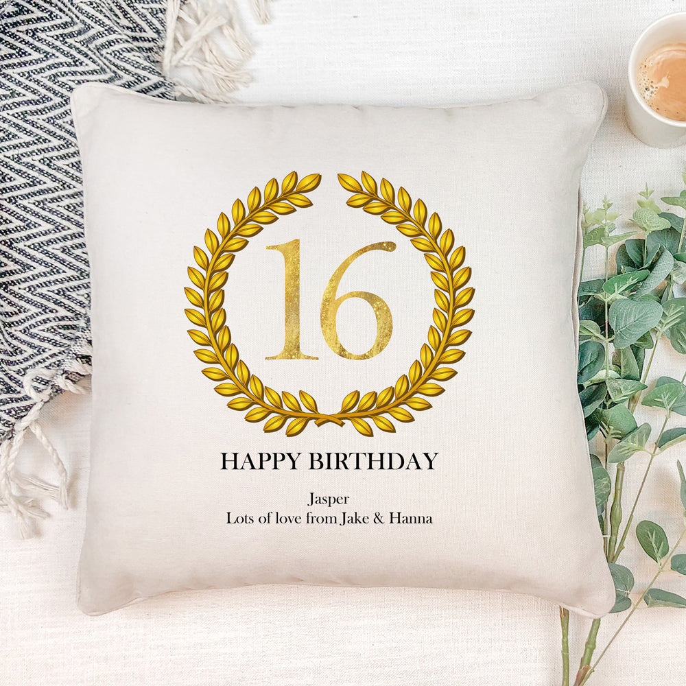 Personalised 16th Birthday Gift for Him Cushion Gold Wreath Design