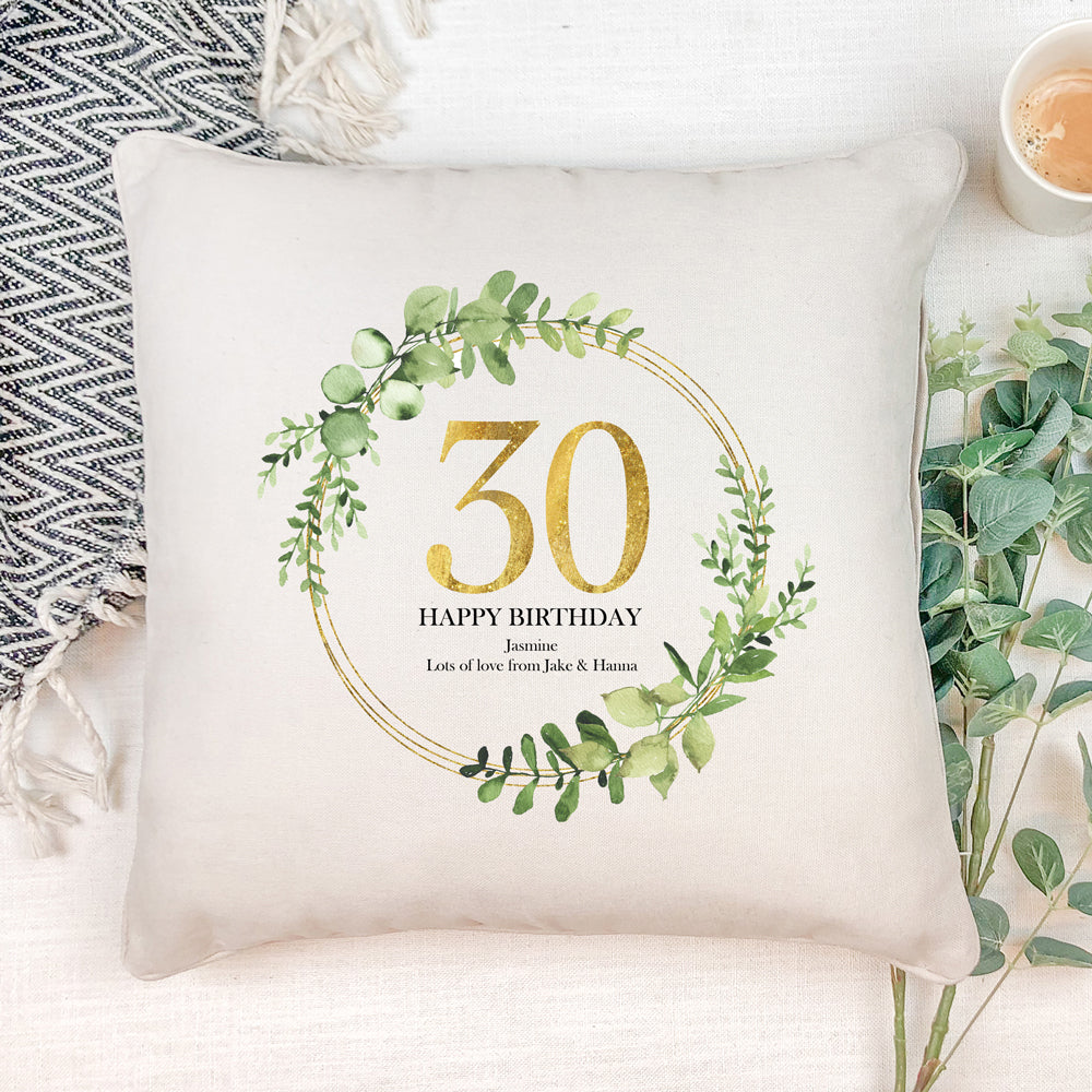 Personalised 30th Birthday Gift for her Cushion Gold Wreath Design