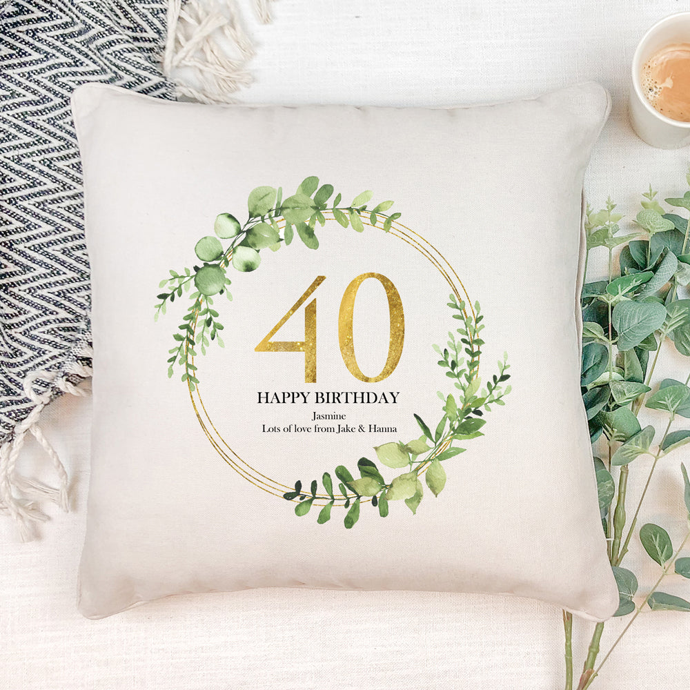 Personalised 40th Birthday Gift for her Cushion Gold Wreath Design