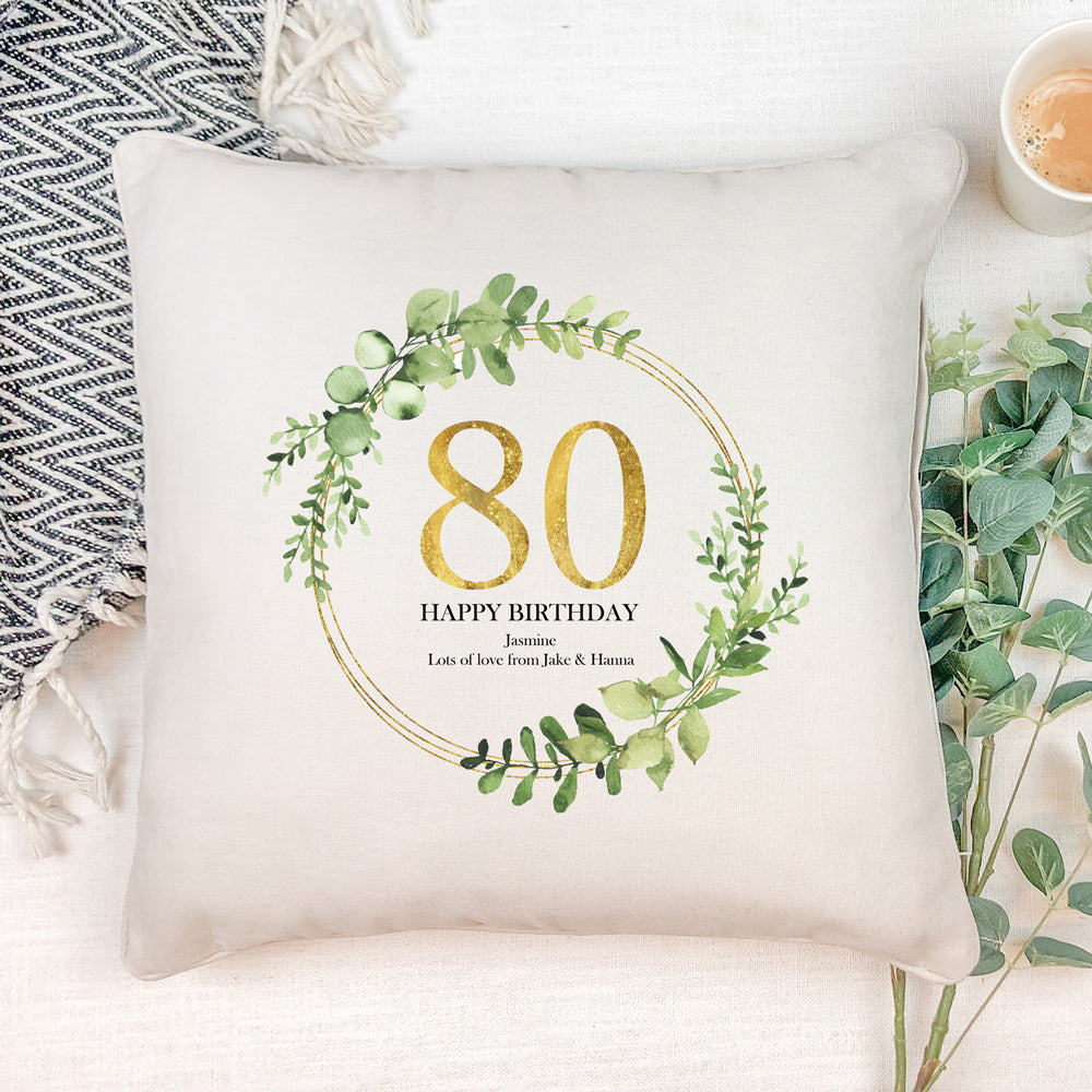 Personalised 80th Birthday Gift for her Cushion Gold Wreath Design
