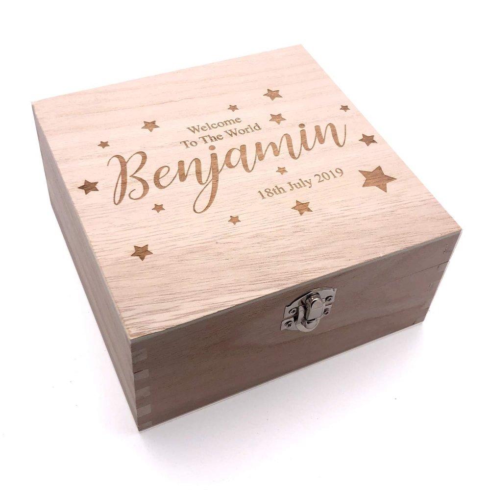 Personalised Baby Engraved Wooden Keepsake Box Gift Welcome to The World - ukgiftstoreonline