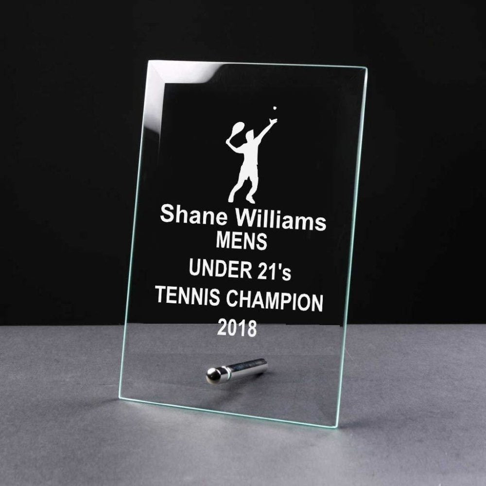 Personalised Mens or Boys Tennis Trophy Glass Plaque - ukgiftstoreonline