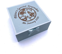Rocket and planets Personalised Baby Boy Blue Memories Keepsake Box - ukgiftstoreonline