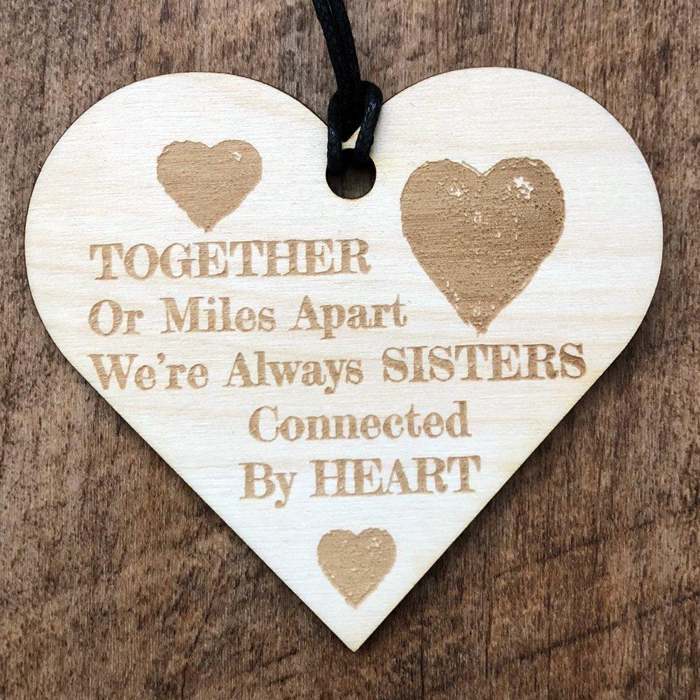 Sisters Connected By The Heart Wooden Hanging Heart Plaque Gift - ukgiftstoreonline