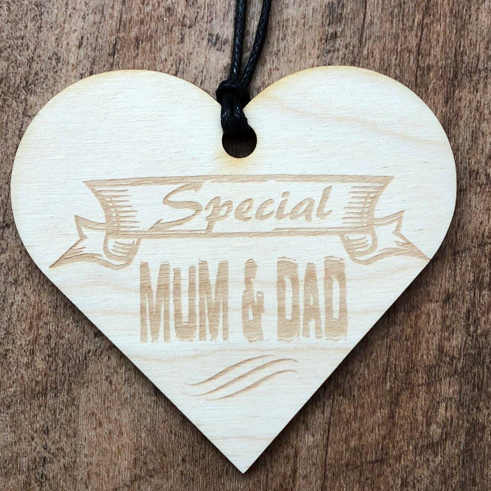Special Mum and Dad Wooden Hanging Heart Plaque Gift - ukgiftstoreonline