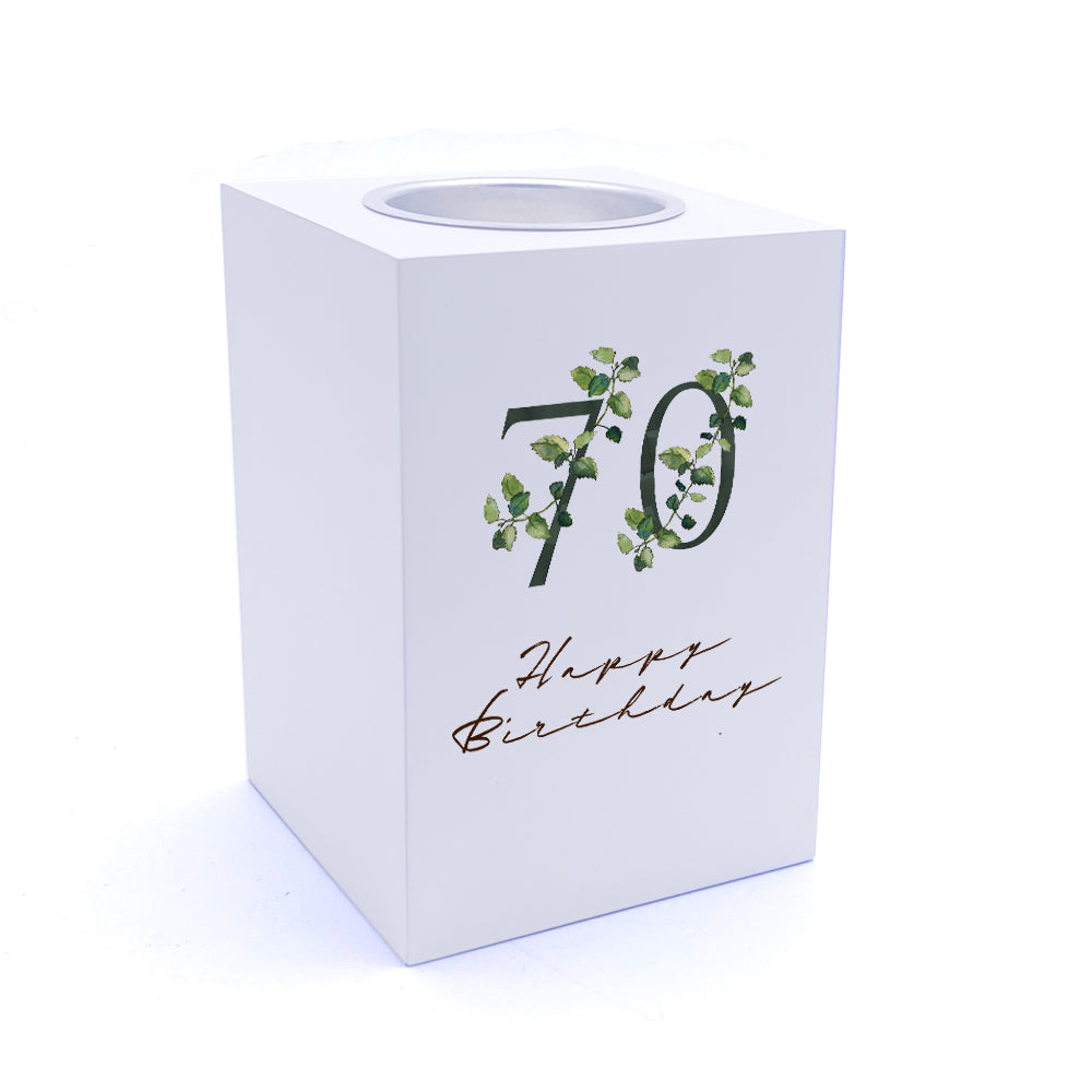 Personalised 70th Birthday Green Leaf Design Gift Tea Light Holder