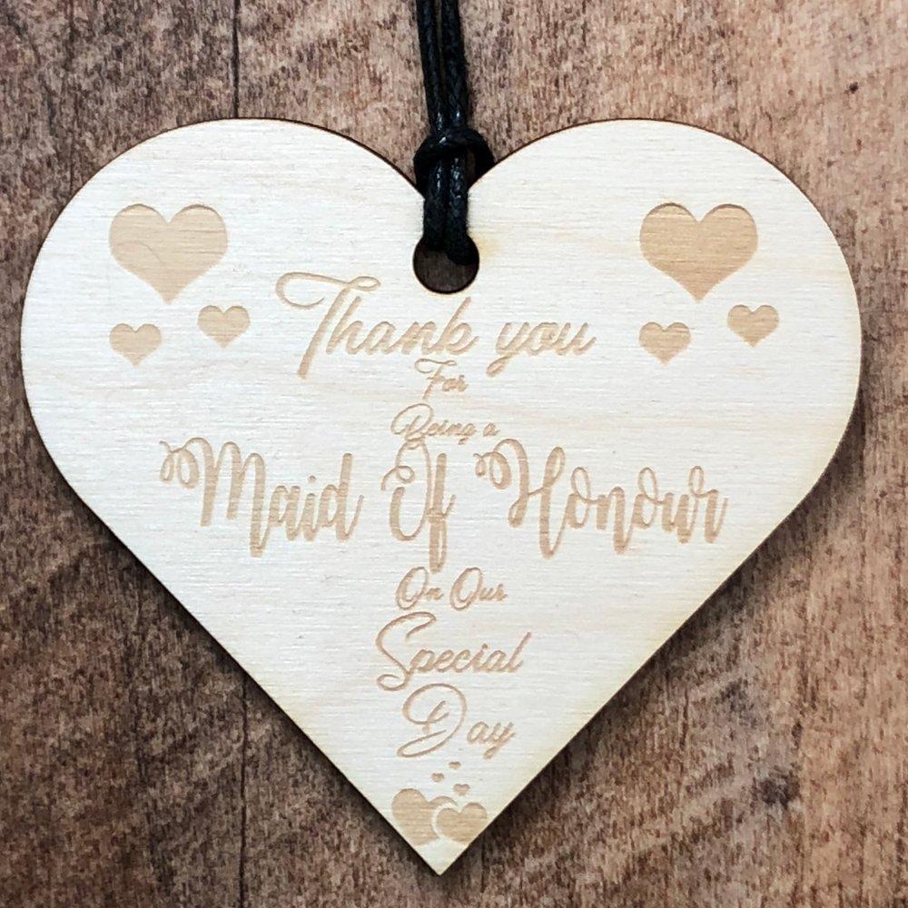 Thank You Maid Of Honour Wooden Hanging Heart Wedding Plaque Gift - ukgiftstoreonline