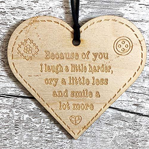 ukgiftstoreonline Because Of You I Laugh A Little Harder Button Range Wood Heart Gift - ukgiftstoreonline