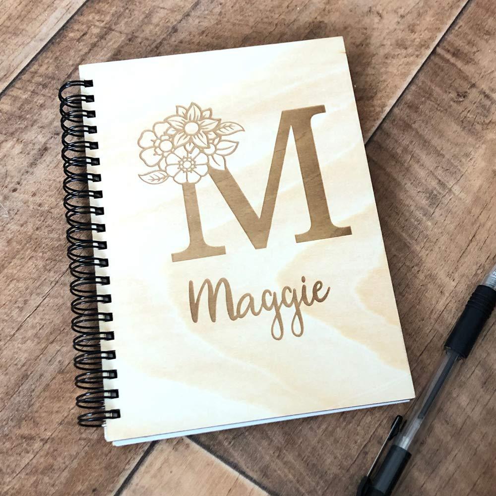 ukgiftstoreonline CUSTOM PERSONALISED INITIAL WOODEN NOTEBOOK - FLOWER PATTERN Personalised Notebook ukgiftstoreonline