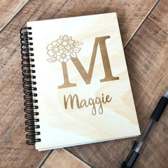 ukgiftstoreonline CUSTOM PERSONALISED INITIAL WOODEN NOTEBOOK - FLOWER PATTERN Personalised Notebook ukgiftstoreonline