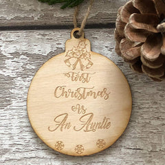 ukgiftstoreonline First Christmas As An Auntie Hanging Decoration Wood Bauble Gift - ukgiftstoreonline