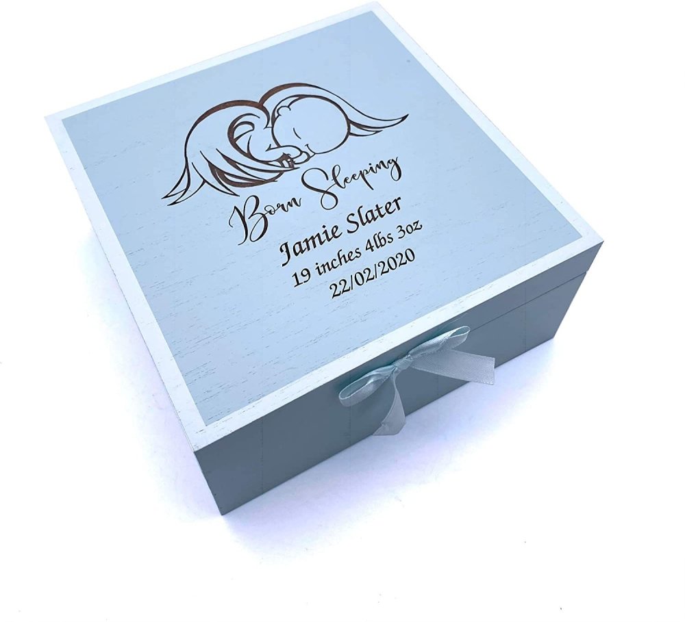 ukgiftstoreonline Personalised Baby Boy Born Sleeping Blue Keepsake Box - ukgiftstoreonline