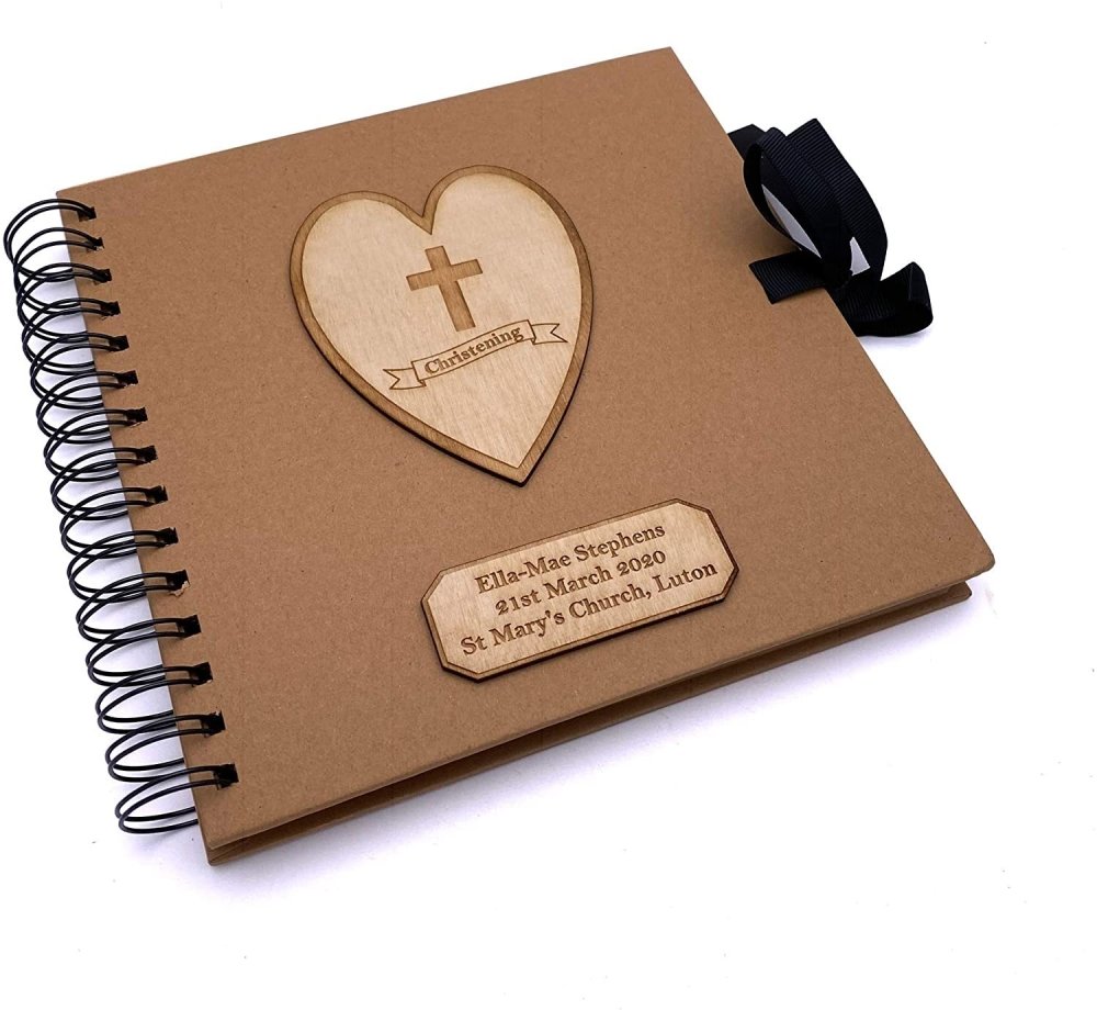 ukgiftstoreonline Personalised Brown Christening Day Guest Book With Wooden Engraving - ukgiftstoreonline