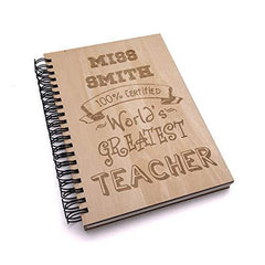 ukgiftstoreonline Personalised Engraved Teacher Gift Notebook With Wooden Cover 100 Percent - ukgiftstoreonline