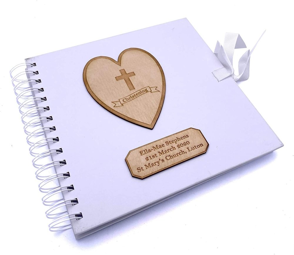 ukgiftstoreonline Personalised White Christening Day Guest Book With Wooden Engraving - ukgiftstoreonline