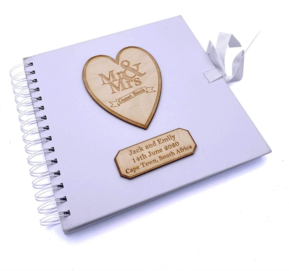 ukgiftstoreonline Personalised White Wedding Guest Book Wooden Engraving Mr and Mrs - ukgiftstoreonline