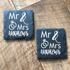 ukgiftstoreonline Set Of Two Mr and Mrs Wedding Slate Coaster Gift - ukgiftstoreonline