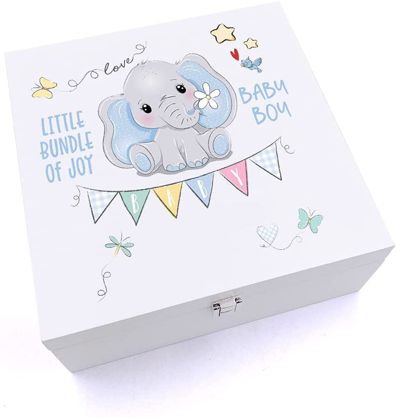 ukgiftstoreonline Personalised Luxury Wooden Baby Boy Keepsake Box Elephant Design